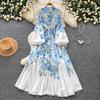 Spring/Summer Romantic Floral Print Stand-Up Collar Bell-Sleeve Slimming Party Dress for Women Elegant Single-breasted Maxi Dress with Belt
