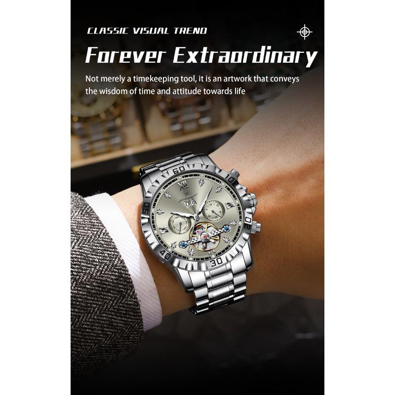 POEDAGAR Top Luxury Men Watch Automatic Date Week Man Wristwatch Hollow Tourbillon Mechanical Stainless Steel Watches