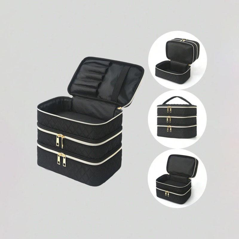 3 Layer Large Capacity Cosmetic Bag Quilted Multifunctional Portable Handbag for Women College Students Travel Dormitory