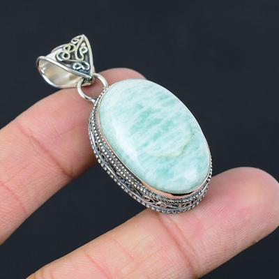 Daughters Day Sale Heart Chakra Oval Amazonite Stone Artisan Pendant 925 Silver