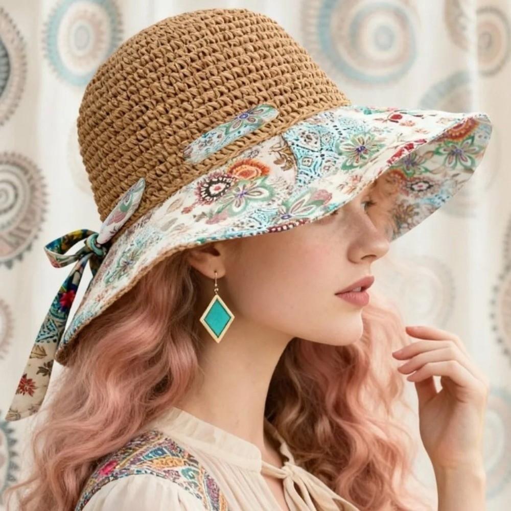 Grass Hat Large Brim Straw Hat Foldable Exquisite Flower Sun Protection Hat Uv Protection Breathable Beach Hat Beach