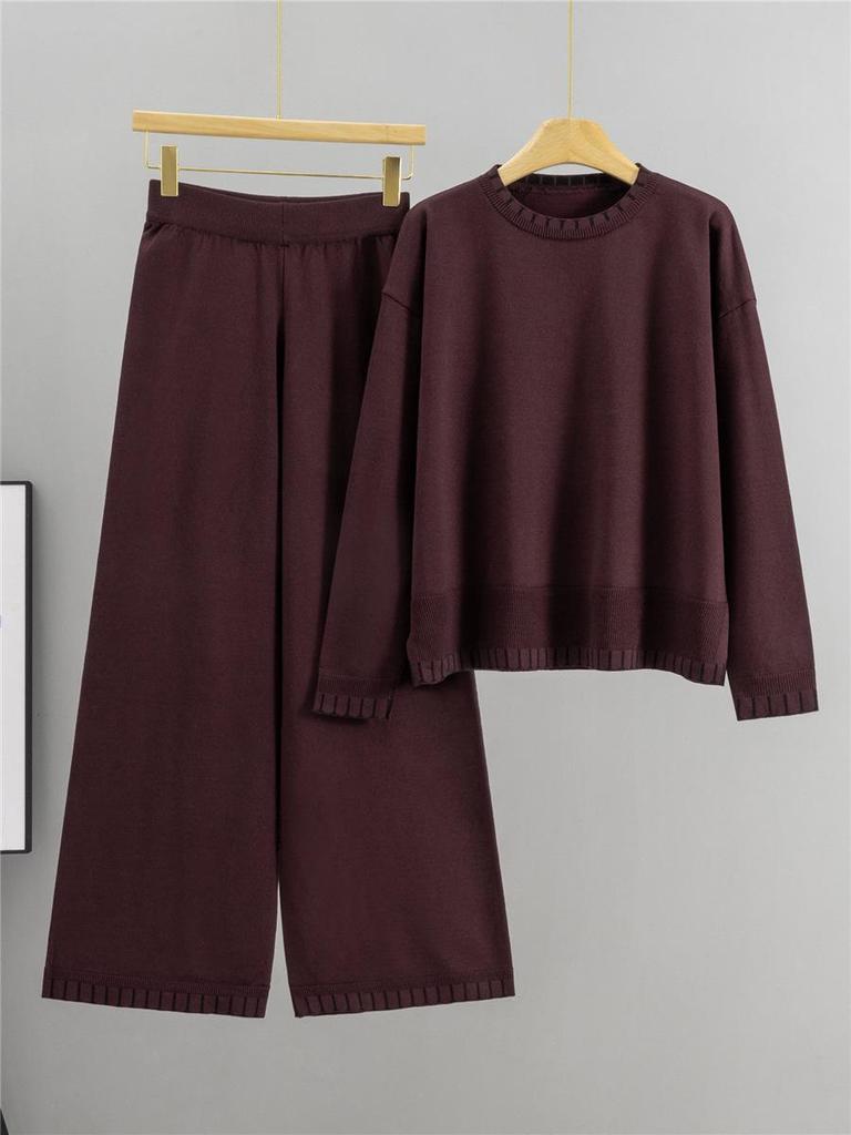 Women's Knitwear Set: Loose Long Sleeve Sweater & Wide Leg Pants, Spring/Autumn Fashion Two-Piece Set