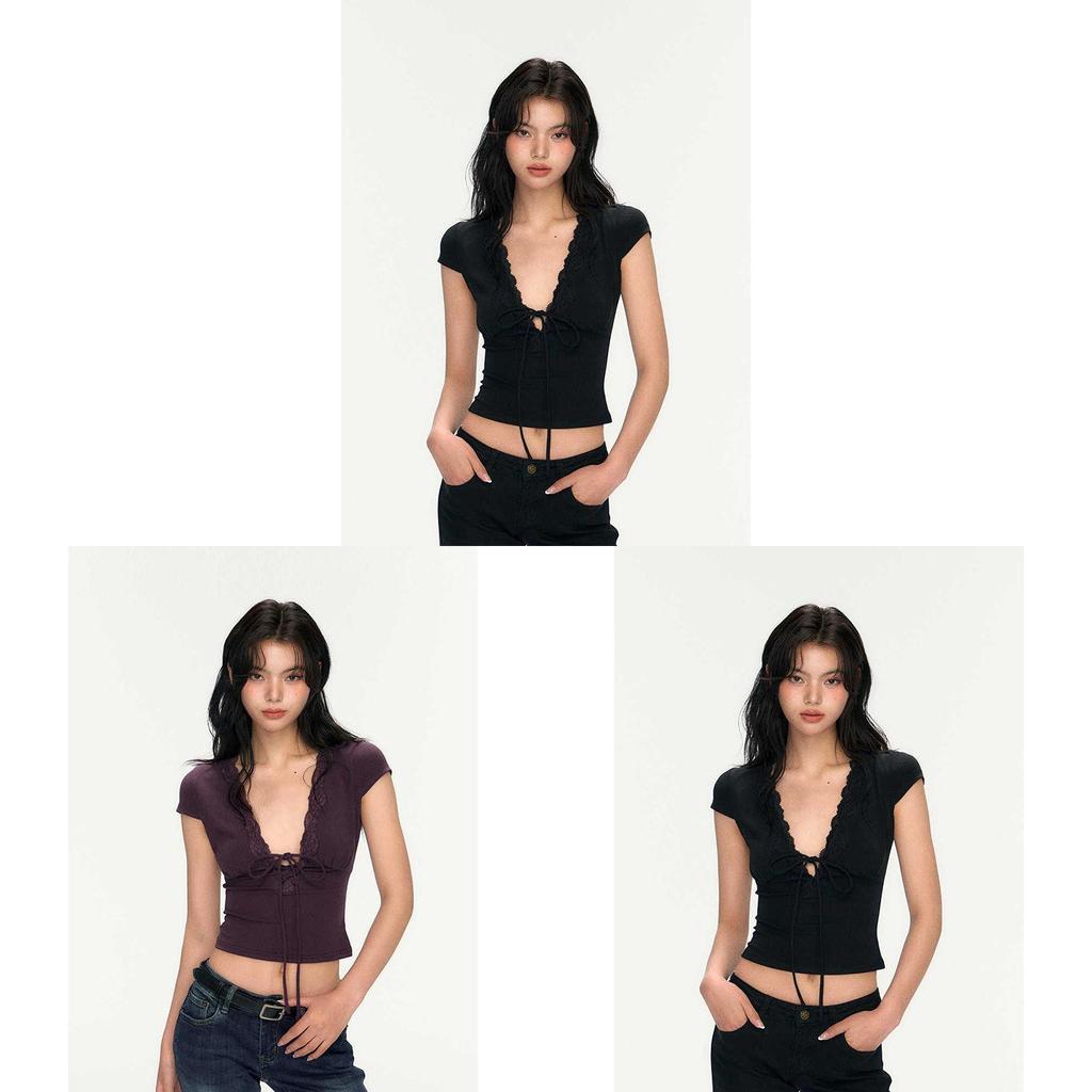 Sexy Black V Neck T Shirt For Women Summer Short Sleeve Slim Fit Casual Top