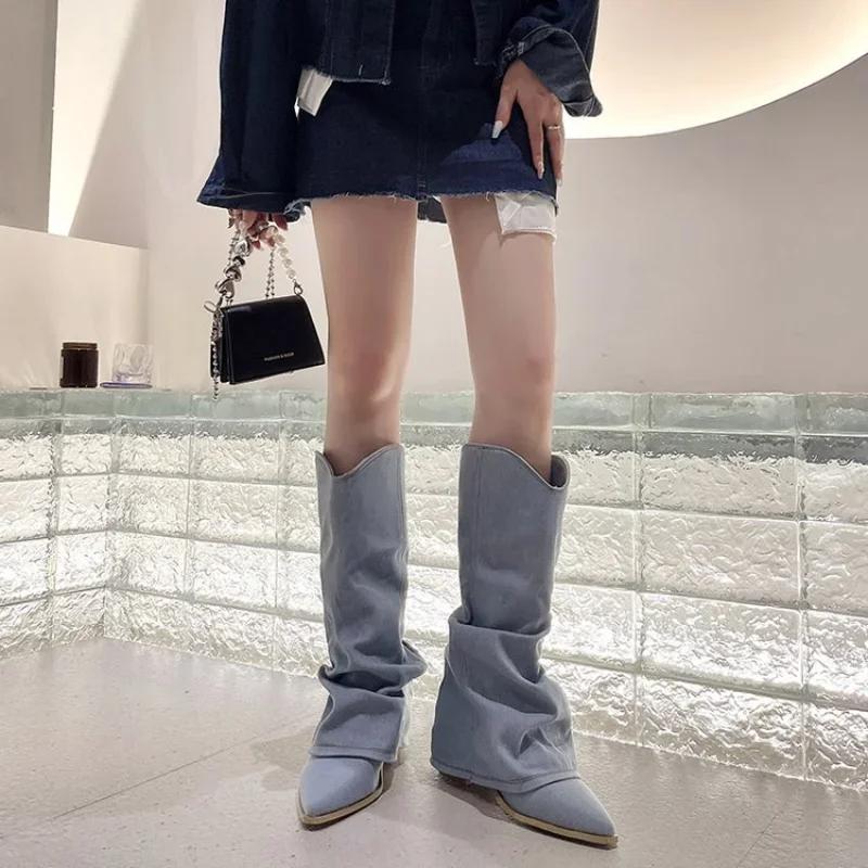Stivali Alti Fino alla Coscia in Denim Blu con Pieghe da Donna Autunno Nuovo Tacco Grosso Punta Appuntita Stivali Cowboy Donna Slip On Stivali Lunghi Western