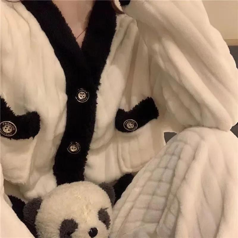 Pajamas Women Autumn Winter Homewear Plus Thicken Coral Velvet Warm Household Clothing Suit V-neck Loungewear