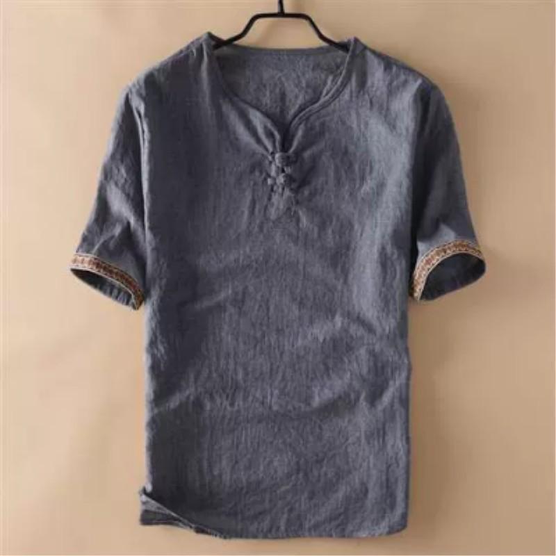 

Мужская летняя футболка большого размера с коротким рукавом, повседневная, в китайском стиле, с тонкими пуговицами XS