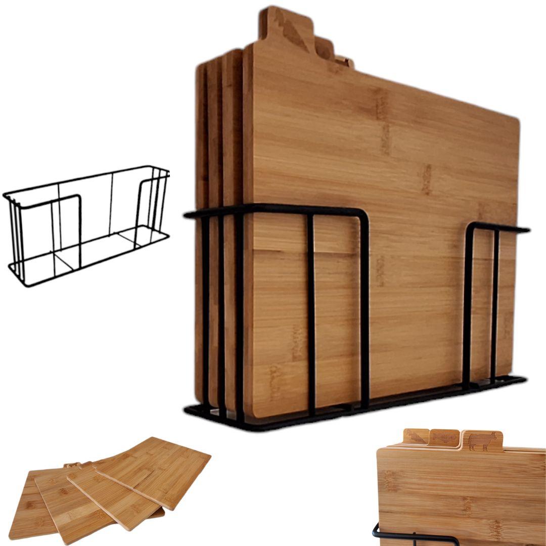 Bambus-Schneidebretter Set aus 4 Küchenbrettern + Stahlständer