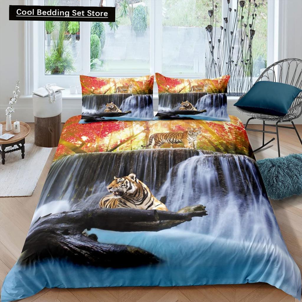 Waterfall king Queen Duvet Cover Floral Trees Bedding Set Natural landscape quilt cover Purple Dream polyester Comforter Cover