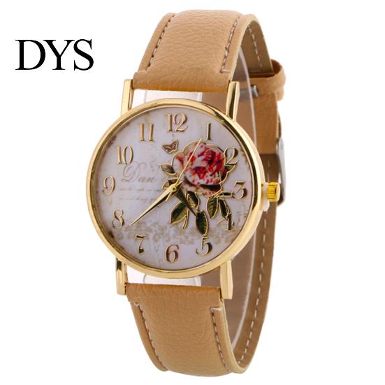 Γυναικείο ρολόι καρπού με αραβικό νούμερο Rose Flower στρογγυλό καντράν από συνθετικό δέρμα λουράκι χαλαζία