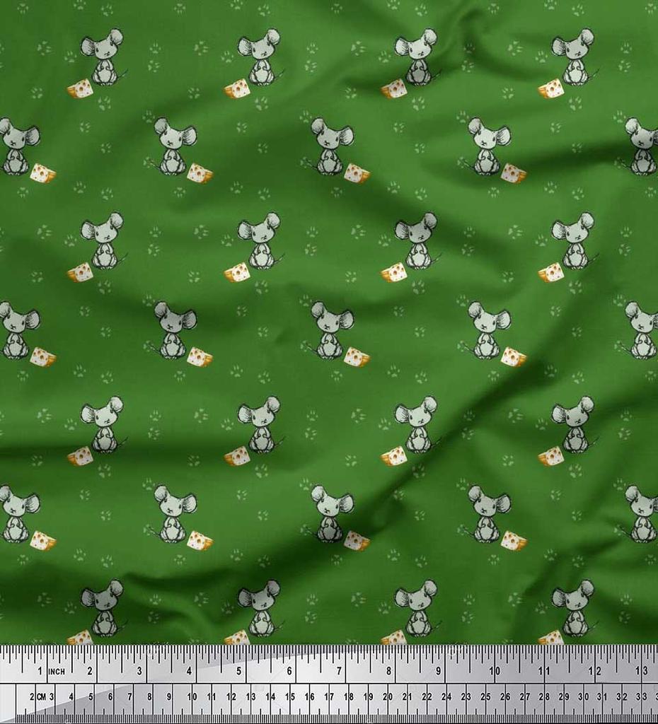 Soimoi Japan Crepe Satin Fabric Footprint,Cheese & Rat Kids Print Fabric by Metre 42 Inch
