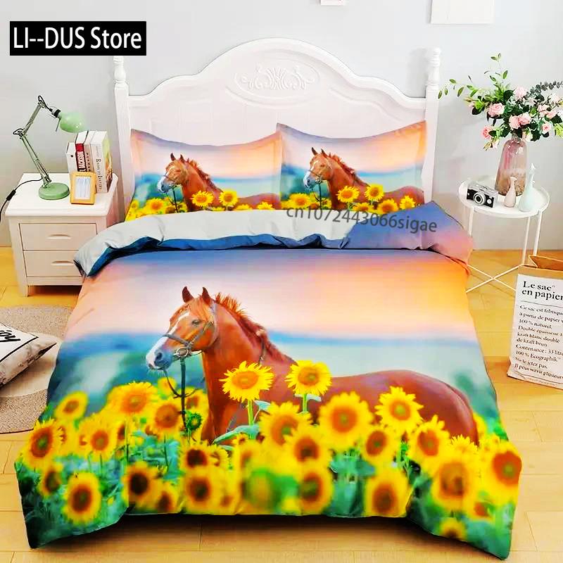 3D-Bettbezug mit Pferd, King- und Queen-Size-Größe, gelbes Sonnenblumen-Bettwäscheset, florales Tiermotiv, Bettbezug, Wildtier-Motiv, weicher Bettbezug
