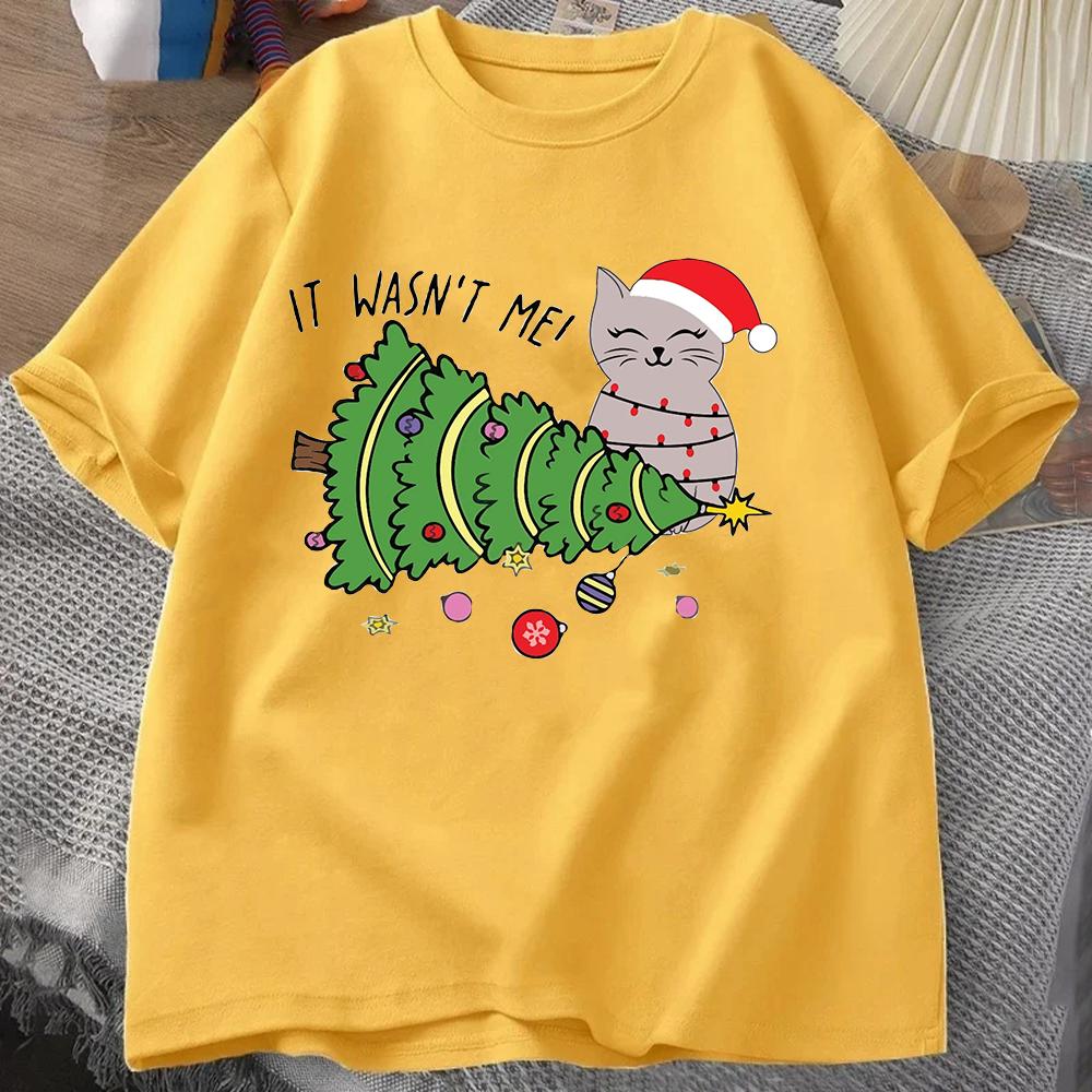 Merry Christmas Womens Tshirt Cat Enthusiast Santa Claus Elf Round Neck Short Sleeve Holiday Season Casual Womens Tshirt