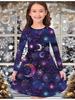 Girls' Autumn and Winter Fashion Dress, 3D Stars and Moon Print  Round Neck Long Children's T-shirt Dress, Casual Versatile, Christmas Clothing