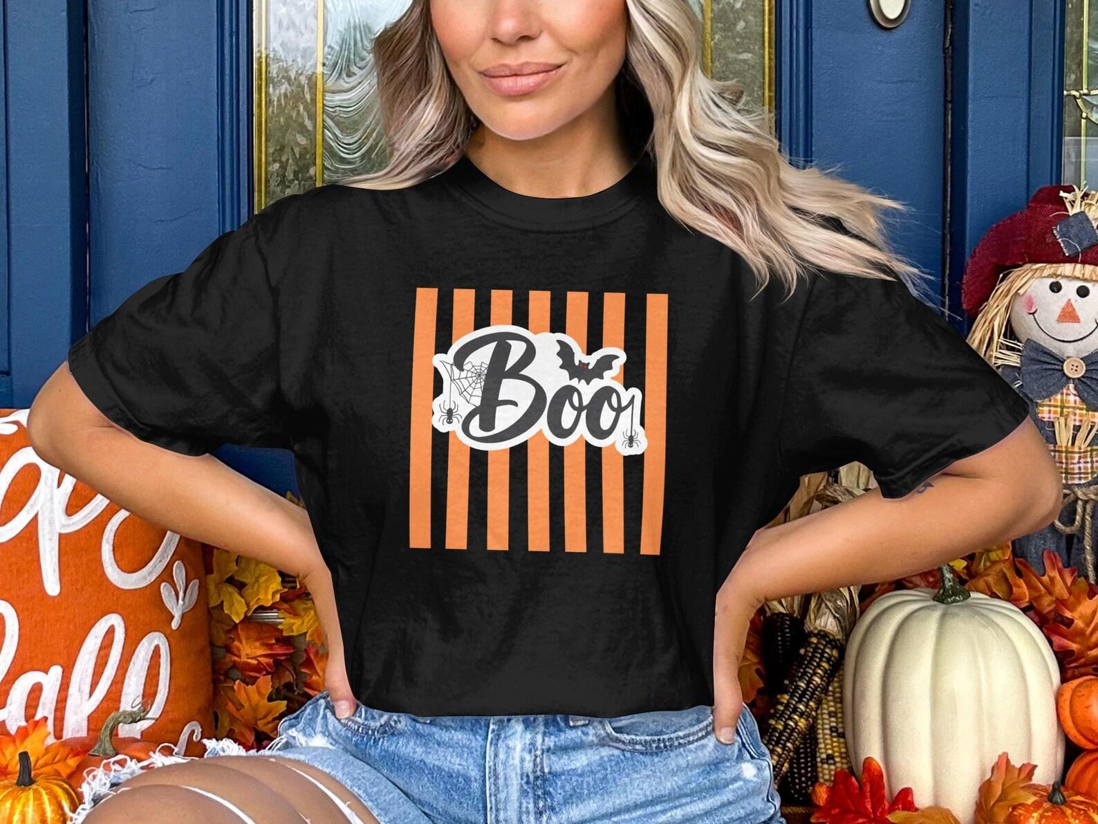 Boo Halloween T-Shirt, Spooky Bat and Spider Web Design Tee, Festive Orange Stripe 3XL
