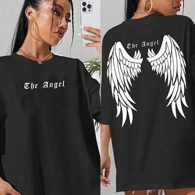 Summer Round Neck 3D Dark Angel Back Wing Pattern Printed Top Fashionable Casual Short Sleeved Women's T-shirts