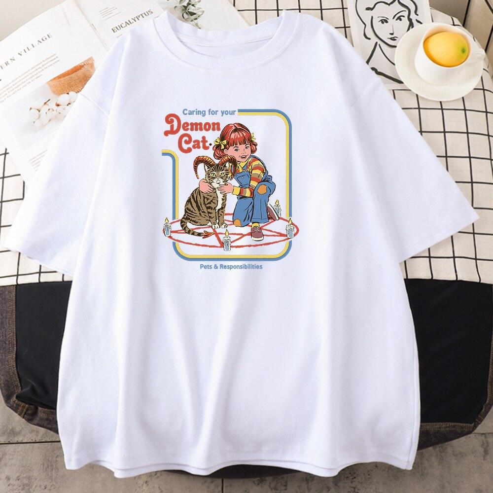 Demon Cat Prints Womans T Shirt Vintage 