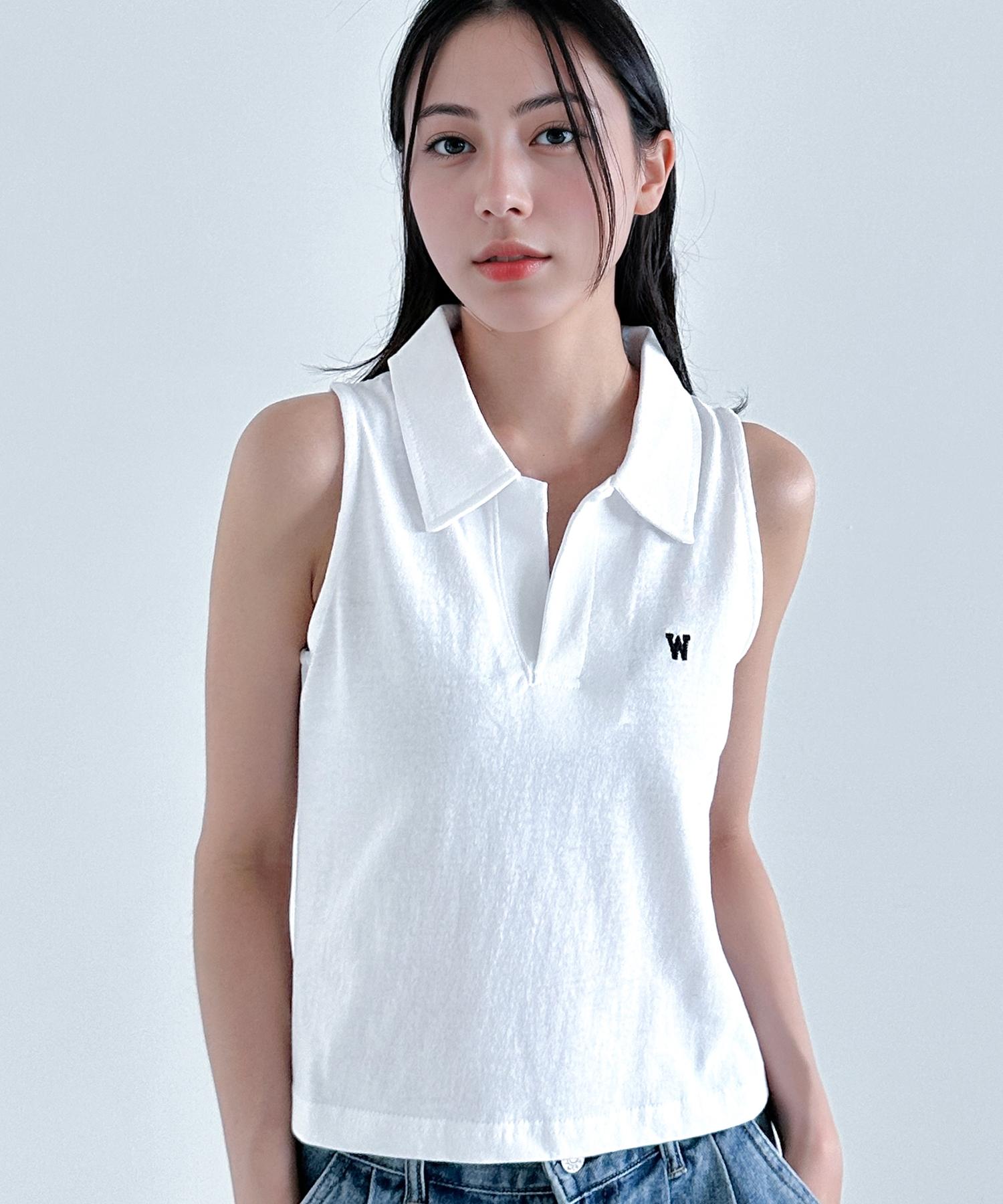 Wise Slit Collar Crop Sleeveless Top (White) M