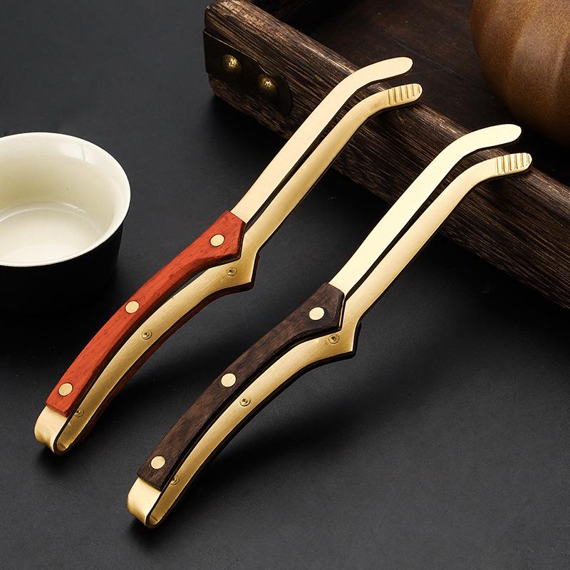 Pure Copper Tea Tongs Set: Brass Tweezers for Gongfu Ceremony, Non-slip Cup Holder, Gift Box Included