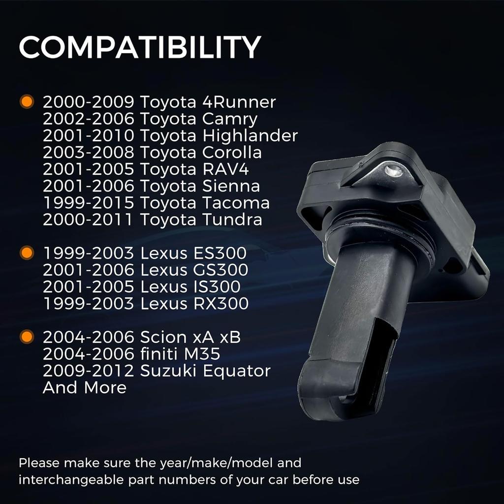 Mass Air Flow Sensor for Toyota 00-09 4Runner 02-06 Camry 03-08 Corolla 01-10 Highlander 99-15 Tacoma 01-05 RAV4 Lexus ES300 RX300 Scion xA xB, MAF