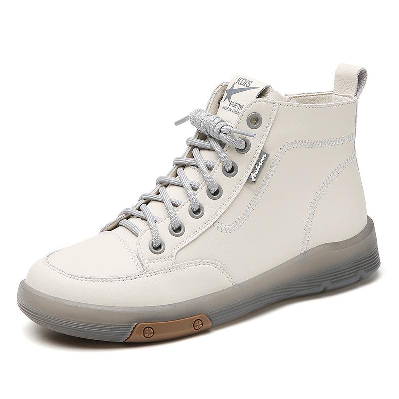 Spring new leather soft-soled flat-soled sports and leisure board shoes comfortable high-top beef tendon sole shoes