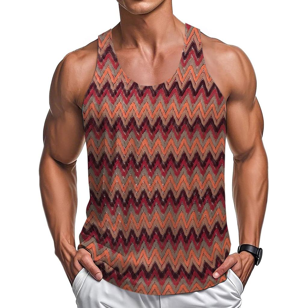 Men's Summer Light Fitness Wear Retro Contrast Color Wave Color Stripe Fabric Vest Casual Loose Vest