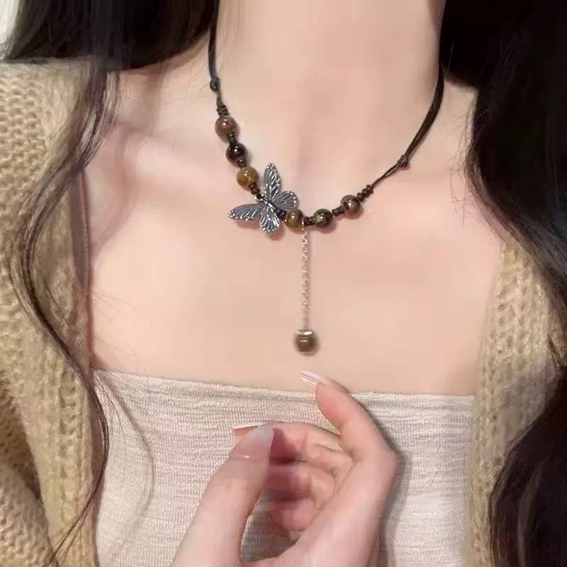 Black cat pink star beaded necklace female summer y2k hottie versatile accessories sweet cool collarbone chain