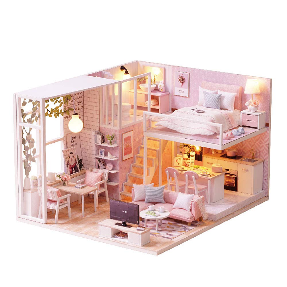 moin moin Dollhouse Miniature DIY Kit Set, Modern Model Room-Style Interior, Stylish Two-Story House with LED Light and Acrylic Case (felice)