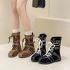 [Fanfuna] Retro Knight Short Boots Women's 2025 Autumn and Winter Boots Lace-up Western Boots Niche Flat Short Boots Women