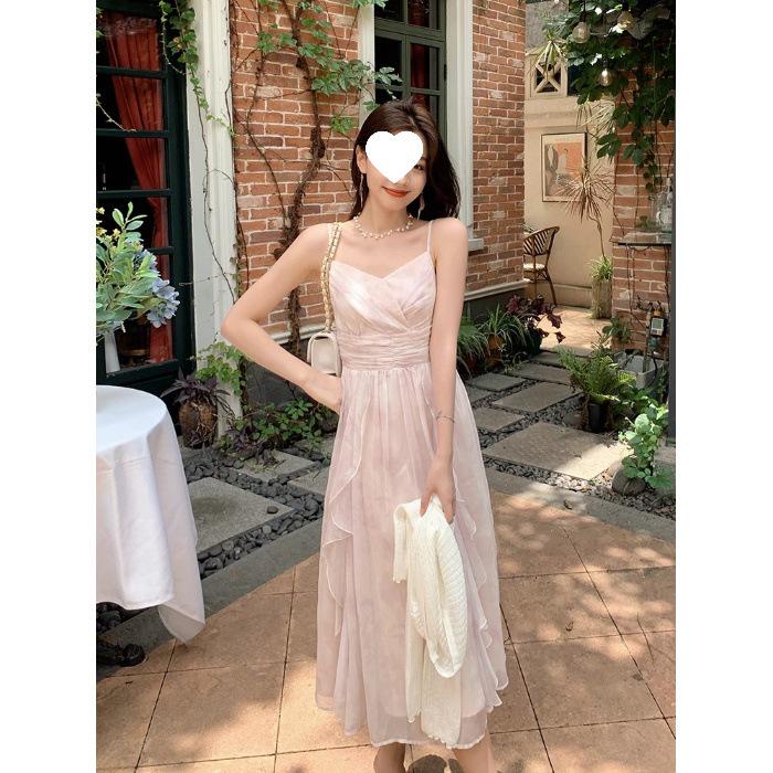 Chuqing French High-Waisted Pleated Chiffon Summer Dress - Spaghetti Strap, Long, Ruffled, Elegant Vacation Wear. Small розовый