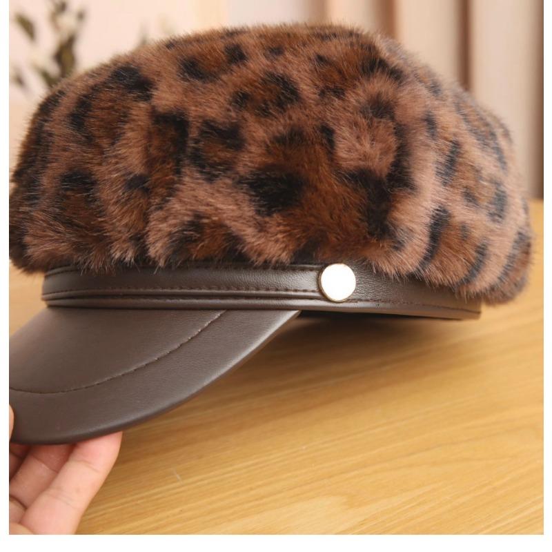 Women S Fashion Versatile Fleece Lined Leopard Print Beret Hat For Autumn Winter