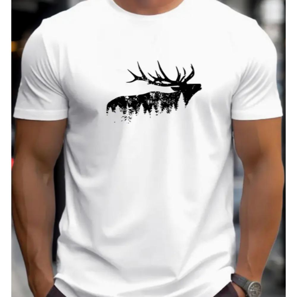 Men Maroon Deer Forest Graphic T-Shirt Summer Short Sleeve Round Neck Tee with White Stag Print Men Clothing