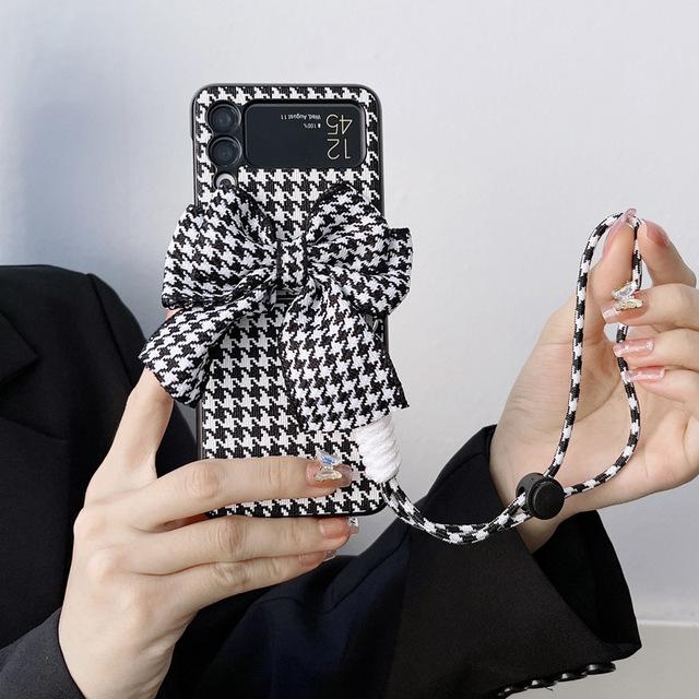 Houndstooth Bow -Knot Case For Samsung Galaxy Z Flip 4 5g 2022 New Fold Leather Phone Cover Anti -Knock Cases For Flip3 Flip 3