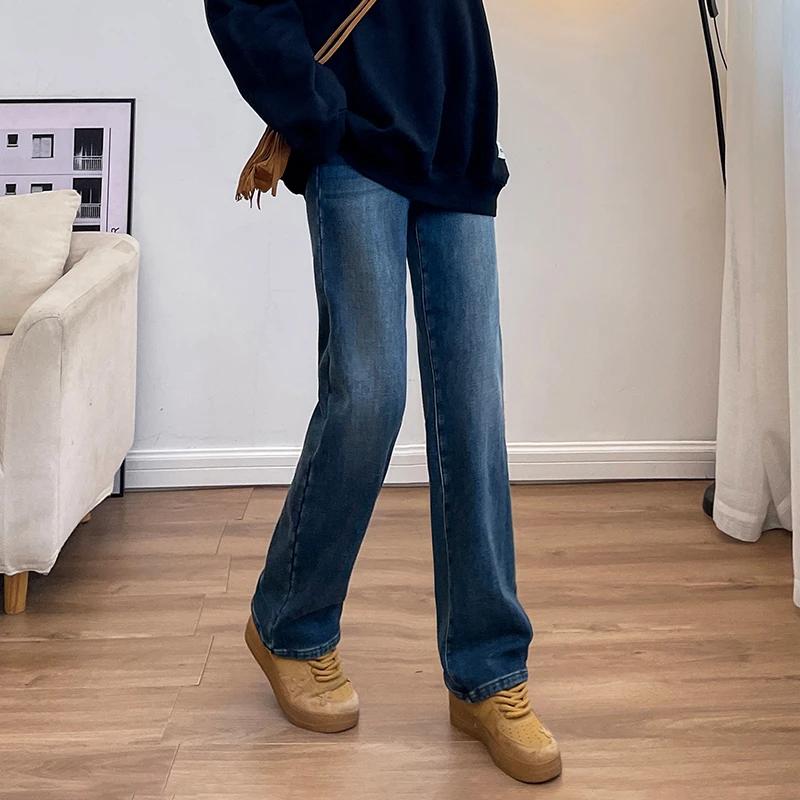 Winter Thickened Women's Velvet Jeans Loose Retro Straight Warm Soft Fleece Elastic High Waist Female Pants