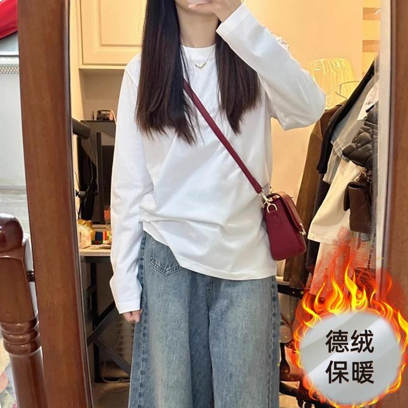 White bottoming shirt women's pure cotton top spring simple casual long-sleeved inner with front shoulder warm German velvet T-shirt