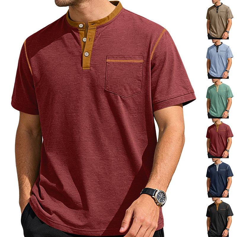 Men's Summer Short Sleeve Polo Shirt Henley Color Block T-Shirt Casual Business