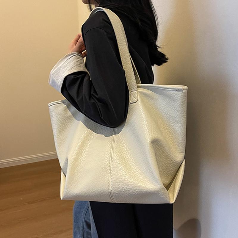 Large Capacity Commuter Tote Bag for Women Autumn New Casual Retro Lychee Pattern Shoulder Bags Korean Versatile Handbags