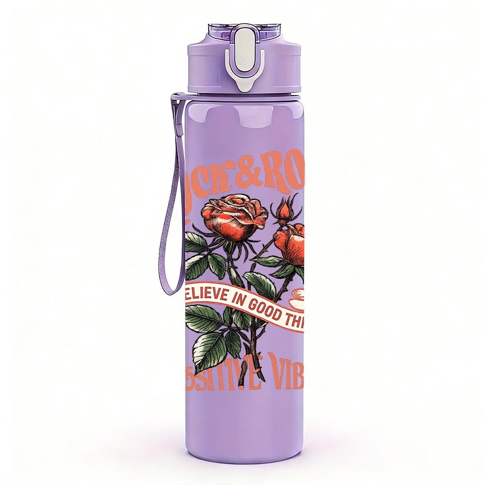 1PC Rose Flower Faith Quote 750ml Color Plastic Sports Water Bottle Leakproof Flip Straw Lid Suitable for Sports Office Home Use