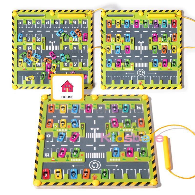 Reversing parking magnetic maze ,Interactive Magnetic Letter Car Toy – Word Building Spelling Board with Flashcards for Children
