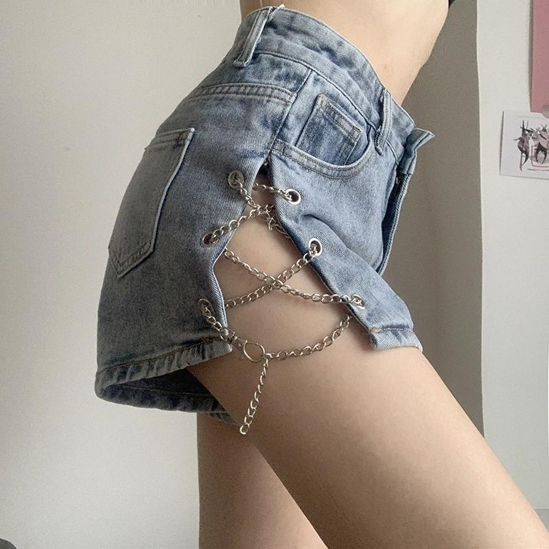 Denim Shorts for Women Summer Chain Sexy Slit High Waist Slimming A-line Jeans Hot Pants Female Clothing Y2k Fashionable