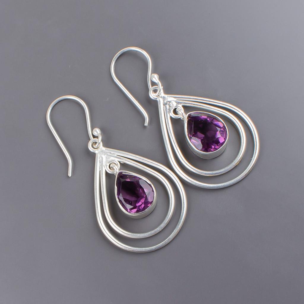 Natural Amethyst Gemstone 925 Sterling Silver Jewelry Handcrafted Earrings 2.00" EE-34-5