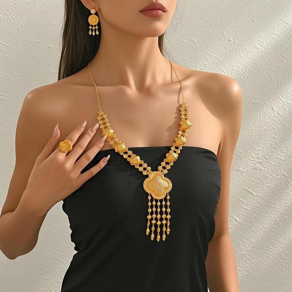 Luxury Vintage Floral Tassel Necklace, Earrings & Ring Set from Dubai