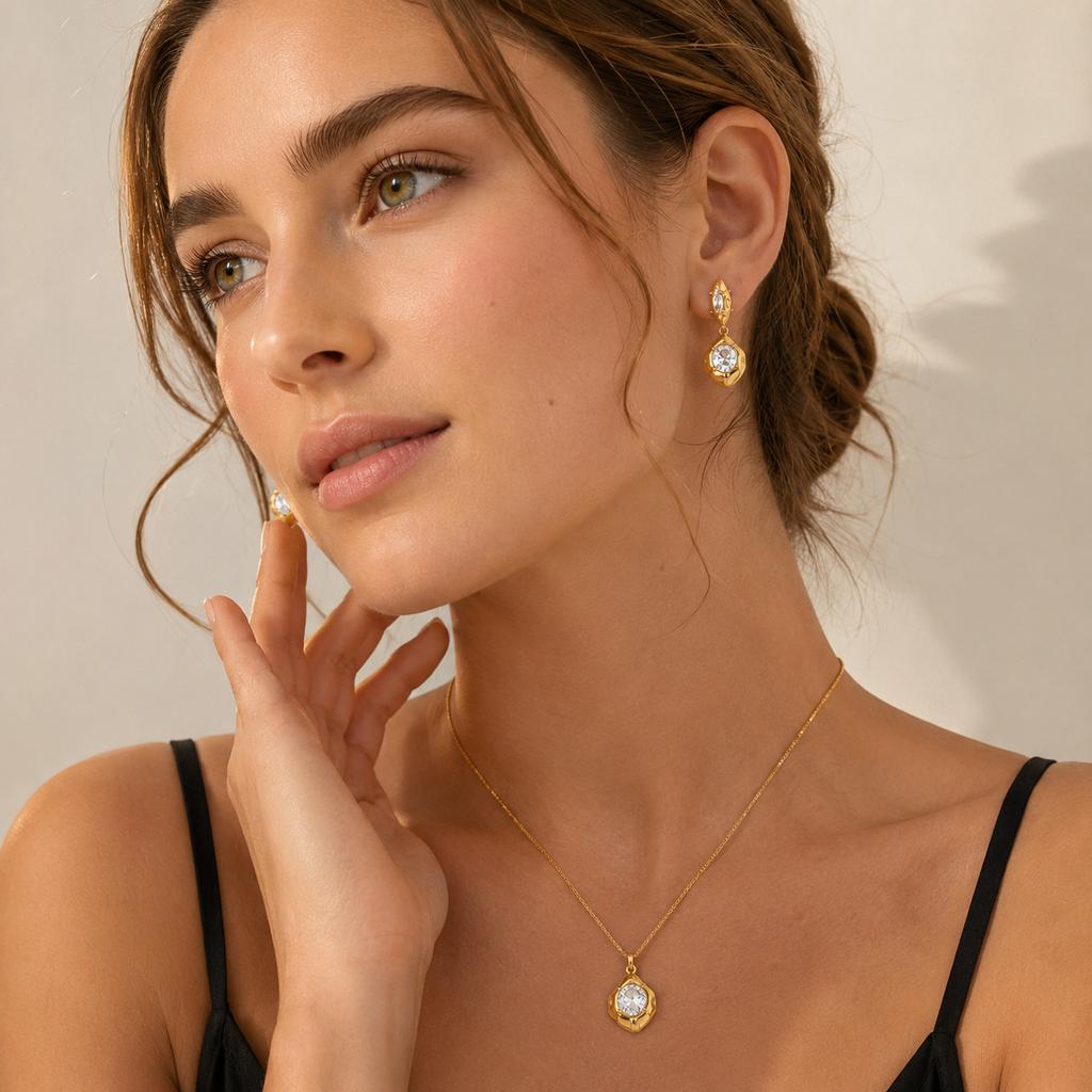 Dreamshow Gold Plated Stainless Steel Irregular Texture Zircon Jewelry Set Pendant Necklace Stud Earrings for Women