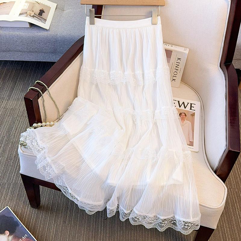 Women's Spring Lace High-Waist Tulle Tiered Cake Midi Skirt - Sweet Paneled Design Versatile & Slimming