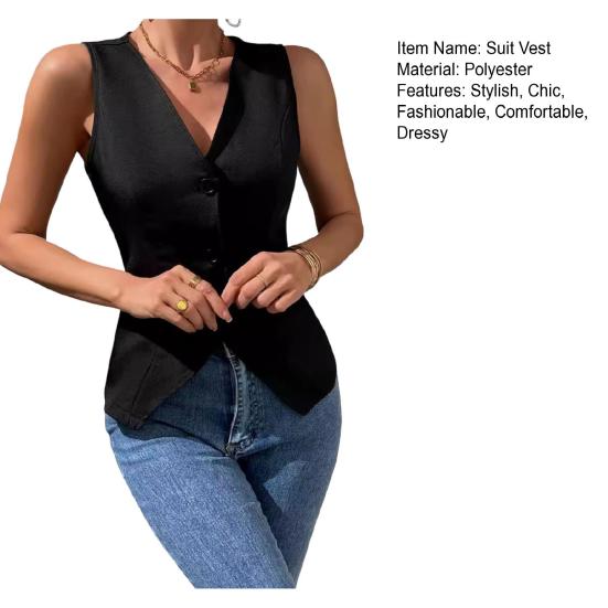 Women's Dressy Suit Vest V-Neck Button Down Blazer Waistcoat Sleeveless Crop Top Slim Fit Work