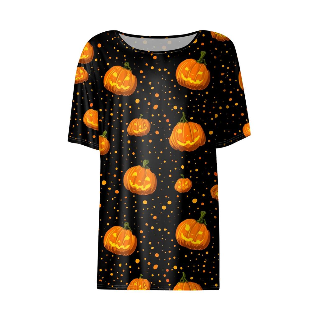 Women's Casual Short Sleeve Crewneck T-Shirt with Halloween and Pumpkin Print for Fall Parties