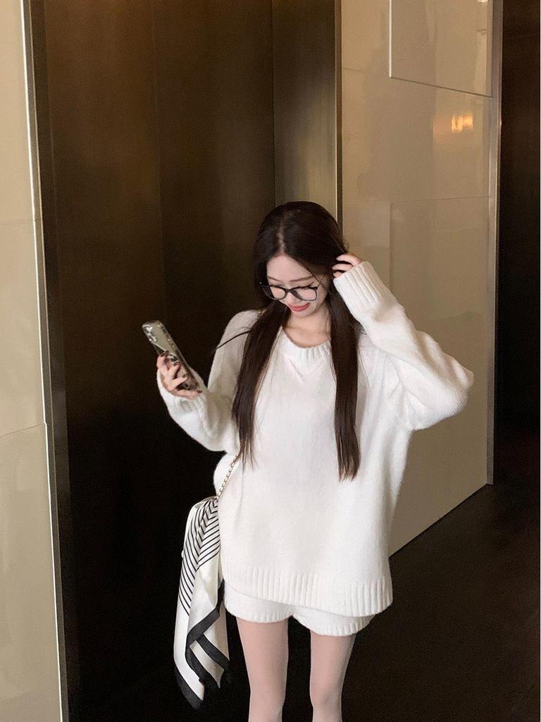 Chic Casual Two-Piece Set: Solid Color Sweater Knitwear & High Waist Wide Leg Shorts for Winter