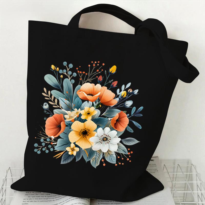 Elegant Wildflowers Aesthetic Canvas Handbag Reusable Floral Shopping Tote Bag for Women