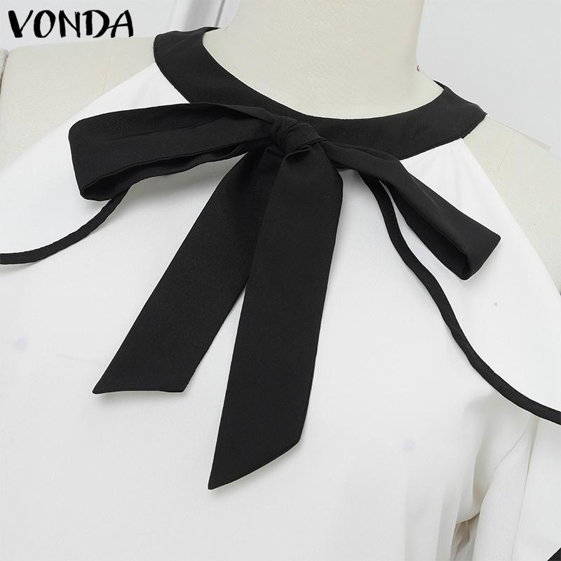 VONDA Women Cold Shoulder Ruffled Sleeve Bow Knot Casual Stitching Blouse