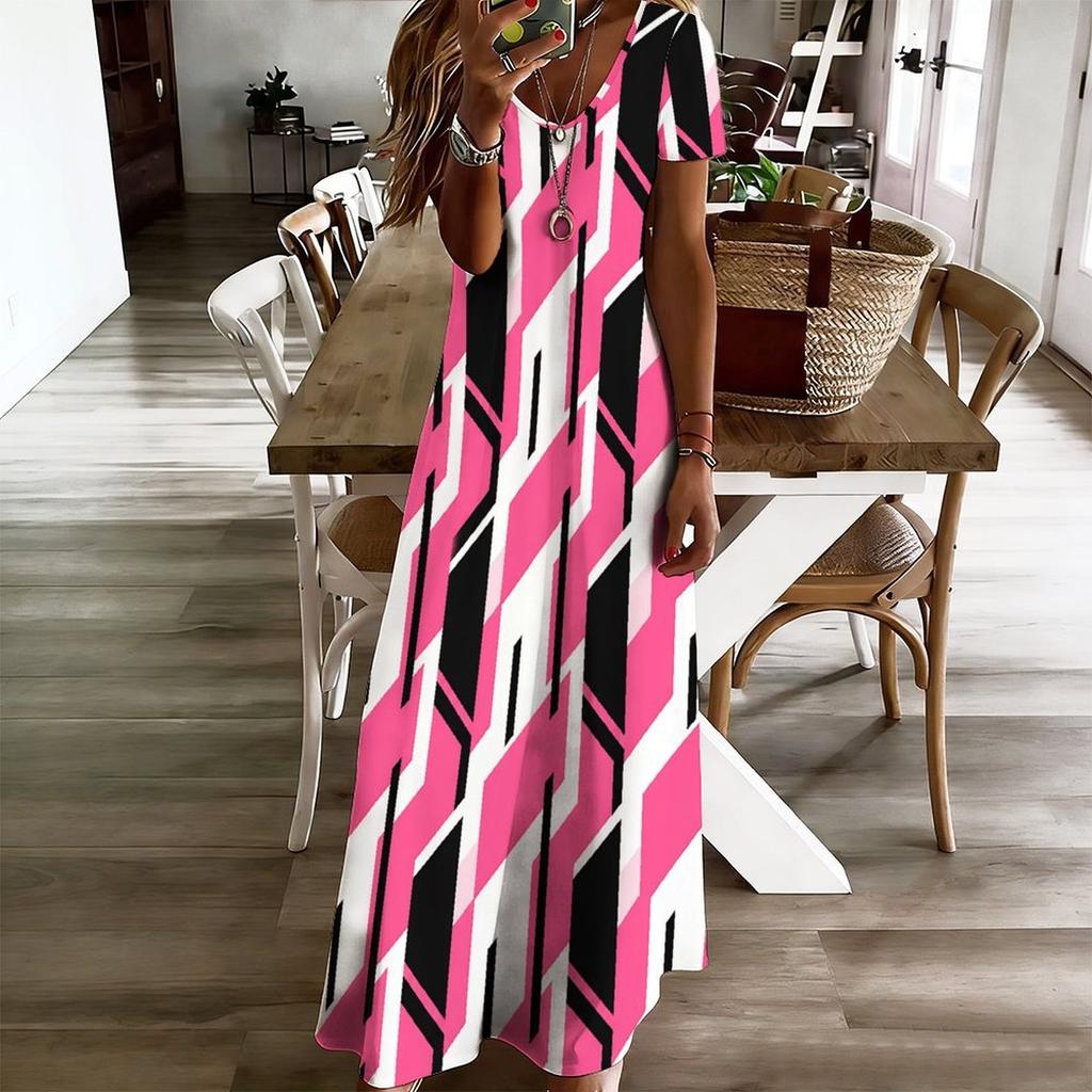 Women Plus Size V Neck Short Sleeve Geometric Printed Casual Long Dress