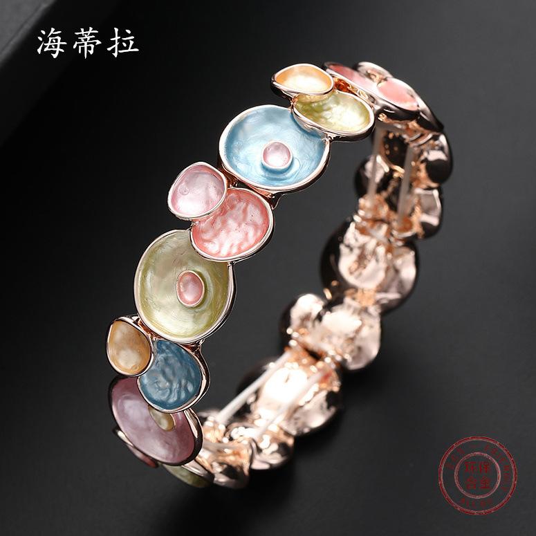 Farbiges Ölmalerei rundes Blume elastisches Armband, Frühling und Sommer klein frisch Damen vielseitiges Legierungsarmband